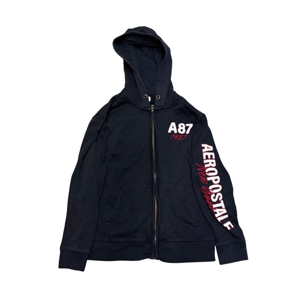 Aeropostale Mens A87 1987 Full Zip Hoodie Black Graphic Sweatshirt Size M